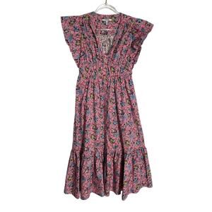 DEREK LAM 10 CROSBY Greta Floral Midi Dress Pink Tiered Ruffle Button Down Sz 6